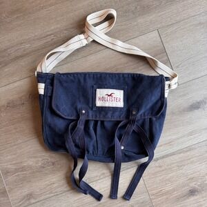 VTG Y2K Hollister Blue Canvas Messenger Bag Tote Pockets 12x18" Shoulder Strap